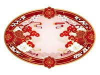 Traditional Chinese oval frame with red dragons, golden ornaments and floral motifs on white background for festive design and cultural celebrations.