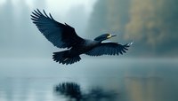 Majestic black raven soaring over misty lake at dawn, wings spread wide against ethereal foggy background, reflection visible in calm water surface.