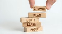 Hand placing wooden blocks with business development words focus learn build plan growth stacked in ascending order on white background.