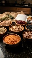 Assorted legumes and grains in wooden bowls on kitchen counter with cookbook for healthy cooking and meal preparation.