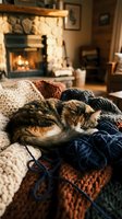 Calico cat sleeping on cozy knit blankets and sweaters by fireplace with warm lighting and rustic stone hearth in background, perfect for home comfort and lifestyle content.