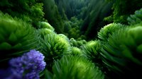 Vibrant green pine needles and purple wildflowers create dramatic forest perspective with soft focus blur effect, capturing natural depth and ethereal woodland atmosphere.