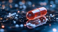 Red transparent medical capsule with glowing particles on dark reflective surface with bokeh lights and network connections. Pharmaceutical concept.