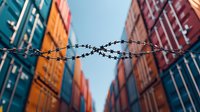 Barbed wire stretches between colorful cargo containers in shipping port, dramatic low angle perspective against blue sky, symbolizing trade security and borders.