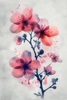 Delicate coral cherry blossoms with navy blue stems and subtle watercolor splashes on textured gray background, creating soft artistic floral composition.