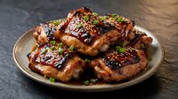 Glazed grilled pork ribs with sesame seeds and green onions on rustic plate. Barbecue meat dish with caramelized sauce for restaurant menu and cooking content.