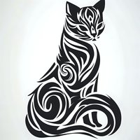 Stylized black cat silhouette with tribal swirl pattern design on white background, isolated artwork suitable for tattoo, logo, and decorative prints.