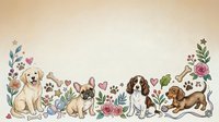 Adorable puppies and dogs border with floral elements, paw prints and hearts on cream background for pet-themed designs and greeting cards.