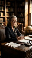 Mature woman with gray hair and glasses wearing black blazer sits at wooden desk writing in office library with bookshelves and globe, suitable for business, education, and professional concepts.