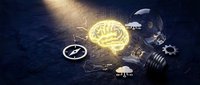 Glowing brain surrounded by gears and lightbulb symbolizing innovation, creativity, and intelligent problem-solving for business and technology concepts.