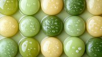 Fresh mochi desserts in pastel yellow and green colors with shiny surface arranged in rows, traditional Japanese sweets with soft focus macro photography.