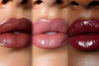 Close-up collage of three pairs of plump feminine lips wearing different shades of lipstick from burgundy to pink, showing glossy and matte finishes on smooth skin.