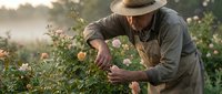 Mature male farmer in straw hat harvesting crops in misty morning field, agricultural work and sustainable farming practices.