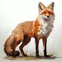 Red fox standing in grass with detailed fur texture and natural coloring, artistic style illustration on light background. Suitable for nature and wildlife projects.