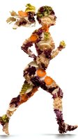 Running figure silhouette made from fresh vegetables, quinoa, and lettuce on white background, creative healthy lifestyle concept for nutrition and fitness.