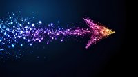 Glowing digital arrow formed by connected particles and light trails transforms from blue to pink and orange, moving forward on dark background. Futuristic technology concept.