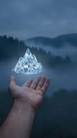 Hand holding glowing geometric crystal pyramid above misty forested mountains at dusk, symbolizing innovation, growth, and transformation for business concepts.