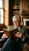 Elegant senior Caucasian man with gray hair and glasses reading a book in a classic wood-paneled library, seated in a leather armchair.