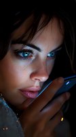 Young woman with striking blue eyes illuminated by phone screen light in dark environment, creating dramatic contrast and mysterious atmosphere.