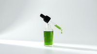 Green liquid serum in glass dropper bottle with black pipette dispensing drop, skincare cosmetic product isolated on white background for beauty design.