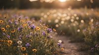 Wildflowers bloom along country path during golden hour sunset with warm bokeh lights creating dreamy atmospheric scene for nature and outdoor lifestyle content.