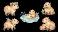 Capybara illustrations isolated on transparent background, ready for t-shirt design, clipart, stickers, sublimation and print-on-demand products. Cute animal characters with floral elements.
