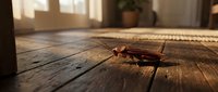 Brown cockroach crawling on wooden floor in warm sunlit kitchen interior with blurred background for pest control and home hygiene concepts.