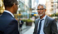 Mature businessman with gray hair and glasses engaged in professional conversation in urban financial district setting.