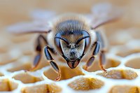 Extreme macro photography of honey bee face with detailed view of compound eyes, antennae and mandibles on honeycomb background. Fascinating close-up nature study.