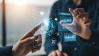 Professional businessman analyzing digital healthcare data dashboard with medical icons and charts on futuristic holographic interface for technology presentation.