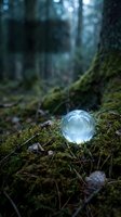 Crystal ball resting on moss-covered forest floor with blurred woodland background creating mystical atmosphere for meditation and spiritual concepts.
