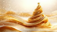 Elegant spiral Christmas tree shape in golden tones with glowing star on top, flowing ribbons and magical sparkles on warm abstract background.