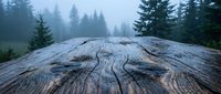 Close-up of weathered tree stump with growth rings in misty forest landscape. Suitable for nature, environmental, and woodland design projects.