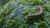 Brown millipede crawling on green moss covered rock surface in natural forest environment with soft focus background creating peaceful nature scene.