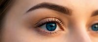 Close-up of woman's striking blue eyes with natural makeup and well-groomed eyebrows showcasing beauty and skincare for cosmetic advertising campaigns.