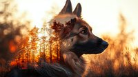 German shepherd dog profile portrait against dramatic sunset forest background with silhouetted pine trees and warm orange glowing sky creating moody atmosphere.