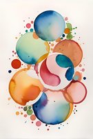 Vibrant watercolor circles in blue, orange, pink and green tones create abstract composition with splashes and drops on white background. For modern wall art and design.