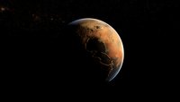 Red planet Mars in dark space showing surface details and atmosphere glow against black cosmos background, scientific space exploration concept.