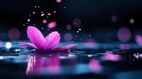 Pink lotus flower floating on dark water surface with magical bokeh lights and water reflections creating dreamy atmosphere. Suitable for wellness and spa designs.