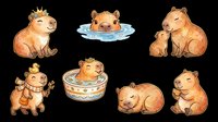 Capybara cartoon character set isolated on transparent background, ready for t-shirt design, stickers, clipart, print-on-demand products and sublimation projects.