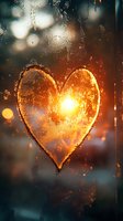 Glowing golden heart symbol drawn on wet glass surface with water droplets and warm bokeh lights creating romantic atmosphere for love concepts.