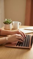 Female hands typing on laptop computer at wooden desk with coffee cup and succulent plant in warm natural light for remote work and productivity.