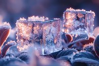 Frozen ice cubes with delicate snowflake patterns illuminated by warm light creating magical winter atmosphere among frosted leaves in garden macro photography.