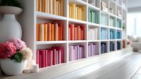 Colorful books arranged by rainbow spectrum on white bookshelf with pink hydrangea flowers in vase, creating organized modern home library interior design.