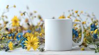 White ceramic mug mockup surrounded by fresh yellow wildflowers and blue forget-me-nots on light background, styled spring composition for branding presentation.