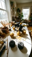 Black and white cat sitting among yarn balls and craft supplies on white table in sunlit room with plants and windows, creative workspace.