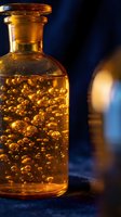 Amber glass apothecary bottle filled with golden liquid and bubbles against dark blue background, suitable for pharmaceutical, wellness, and cosmetic product packaging designs.