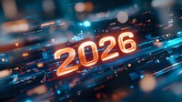Glowing orange 2026 number floating in digital space with blue light streaks, bokeh effects and motion blur creating futuristic technology background.