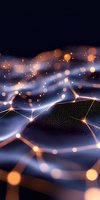Abstract digital landscape with glowing network connections and particle grid waves, illuminated by warm bokeh lights against dark background. For technology concepts.
