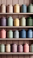Collection of colorful ceramic storage jars with lids arranged on wooden shelves, featuring textured patterns in pastel and muted tones for kitchen organization.